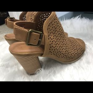 Camel Micro suede open toe heeled pumps